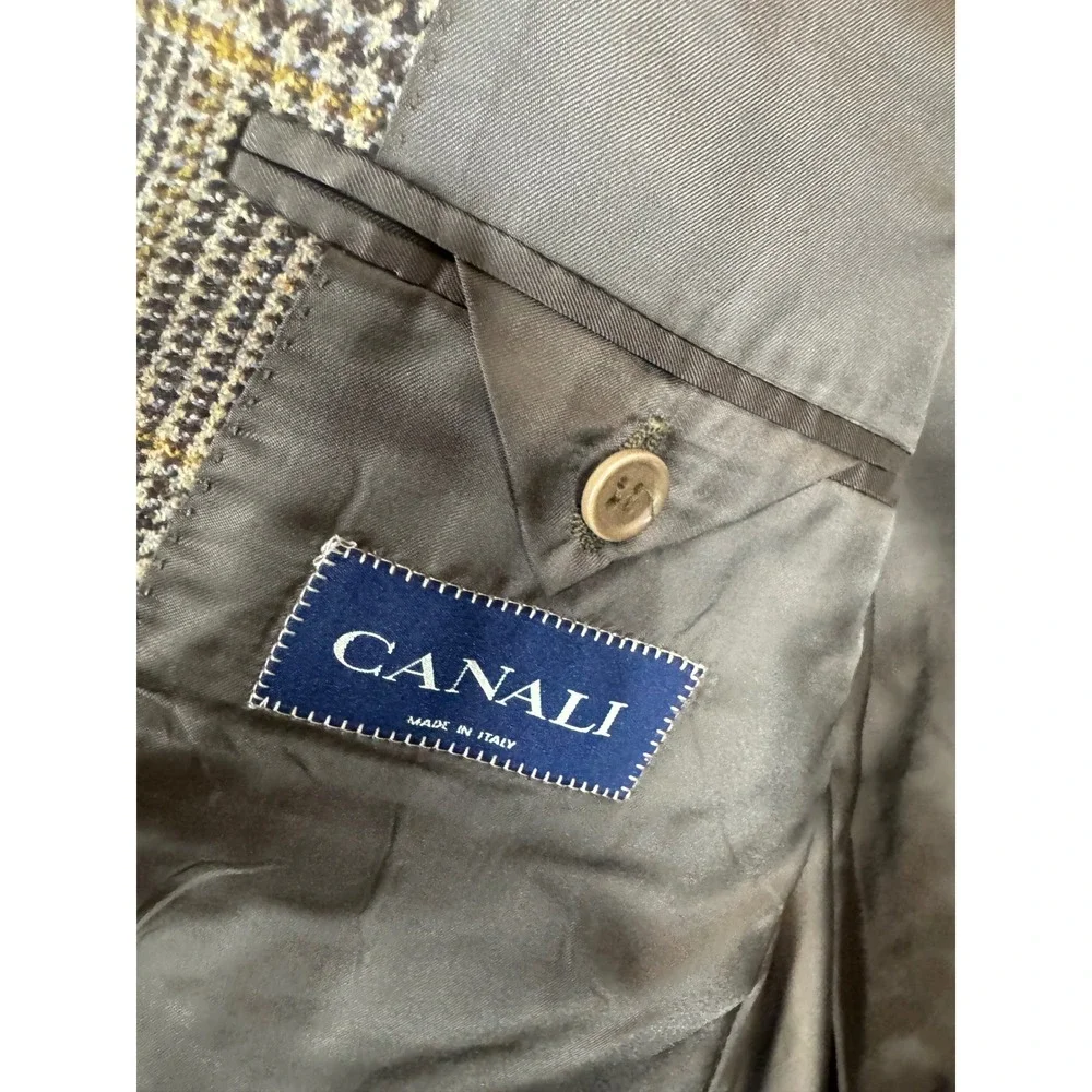 Canali Mens Wool Cashmere Glen Plaid Blazer Elbow Patches Made in Italy 42R